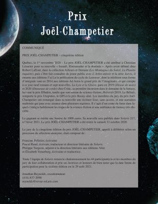 Communiqué – Lauréat du Prix Joël-Champetier (5e édition)