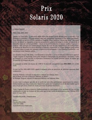 Communiqué lauréate du Prix Solaris 2020